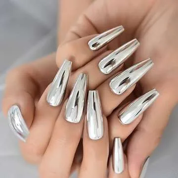 iMABC Silver Punk Metallic Press On False Nails Long Coffin Ballerina Chrome Mirror Fake Nails Full Cover Acrylic Nail Tips with Glue Tape For Women And Girls