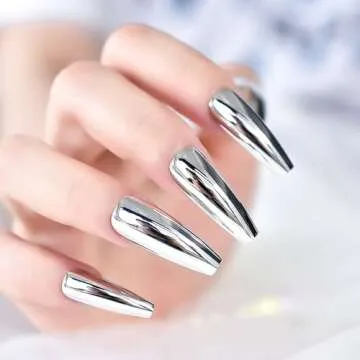 iMABC Silver Punk Metallic Press On False Nails Long Coffin Ballerina Chrome Mirror Fake Nails Full Cover Acrylic Nail Tips with Glue Tape For Women And Girls