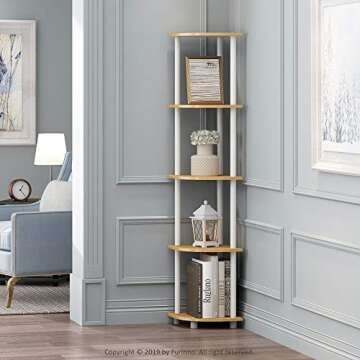 Furinno Turn-N-Tube 5 Tier Corner Display Rack Multipurpose Shelving Unit, 1-Pack, Beech/White
