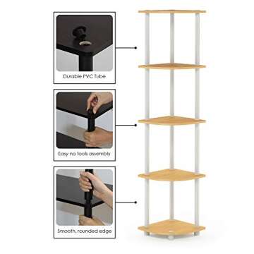 Furinno Turn-N-Tube 5 Tier Corner Display Rack Multipurpose Shelving Unit, 1-Pack, Beech/White