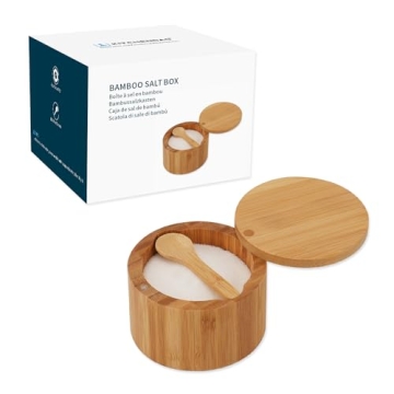 KITCHENDAO Bamboo Salt Cellar Bowl Box Container with Built-in Spoon, Elegant Kitchen Salt Dish Hold...