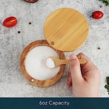 KITCHENDAO Bamboo Salt Cellar Bowl Box Container with Built-in Spoon, Elegant Kitchen Salt Dish Holder Saver Jar with Swivel Magnetic Lid to Storage Pepper Spice Bath Salt Sea Salt, 6OZ