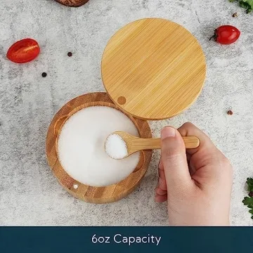 KITCHENDAO Bamboo Salt Cellar Bowl Box Container with Built-in Spoon, Elegant Kitchen Salt Dish Holder Saver Jar with Swivel Magnetic Lid to Storage Pepper Spice Bath Salt Sea Salt, 6OZ