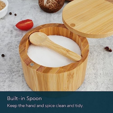KITCHENDAO Bamboo Salt Cellar Bowl Box Container with Built-in Spoon, Elegant Kitchen Salt Dish Holder Saver Jar with Swivel Magnetic Lid to Storage Pepper Spice Bath Salt Sea Salt, 6OZ
