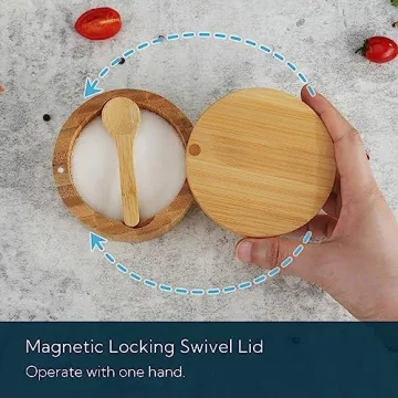 KITCHENDAO Bamboo Salt Cellar Bowl Box Container with Built-in Spoon, Elegant Kitchen Salt Dish Holder Saver Jar with Swivel Magnetic Lid to Storage Pepper Spice Bath Salt Sea Salt, 6OZ