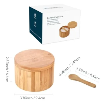 KITCHENDAO Bamboo Salt Cellar Bowl Box Container with Built-in Spoon, Elegant Kitchen Salt Dish Holder Saver Jar with Swivel Magnetic Lid to Storage Pepper Spice Bath Salt Sea Salt, 6OZ