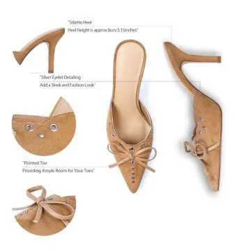 DOEYG Tan Kitten Heels for Women Pointed Toe Heels Mules Dressy Vintage Bow Sexy Pointy Studded Slip on Stiletto Pumps Apricot Size 7