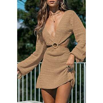 LILLUSORY Bathing Suit Swim Cover Ups for Swimwear Women Swimsuit Coverup 2023 Summer Bikini Beach Spring Long Sleeve Sexy Crochet Dresses Vacation Outfits Clothes Khaki
