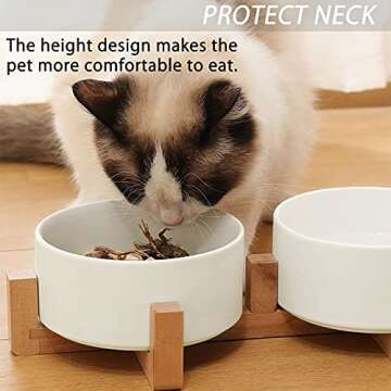 Petygooing Dog Bowls,White Ceramic Cat and Dog Bowl Set with Wood Stand for Food and Water, Non-Slip Cute Modern Pet Dish Set for Cats & Medium Dogs (28OZ)