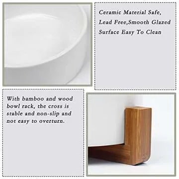 Petygooing Dog Bowls,White Ceramic Cat and Dog Bowl Set with Wood Stand for Food and Water, Non-Slip Cute Modern Pet Dish Set for Cats & Medium Dogs (28OZ)