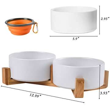 Petygooing Dog Bowls,White Ceramic Cat and Dog Bowl Set with Wood Stand for Food and Water, Non-Slip Cute Modern Pet Dish Set for Cats & Medium Dogs (28OZ)