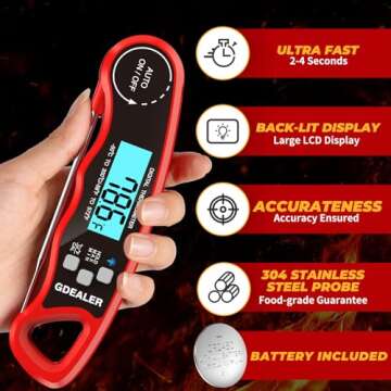 GDEALER Meat Thermometer Digital Food Thermometer Waterproof Ultra-Fast Instant Read Meat Thermometer for Grill Digital Meat Thermometer for Cooking Kitchen Thermometer with Backlight & Calibration