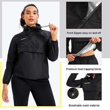 Junlan Sauna Suit for Women Sweat Jacket Gym Workout Vest Sweat Suits for Women (A.Black Tops Only,Medium)