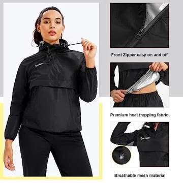 Junlan Sauna Suit for Women Sweat Jacket Gym Workout Vest Sweat Suits for Women (A.Black Tops Only,Medium)