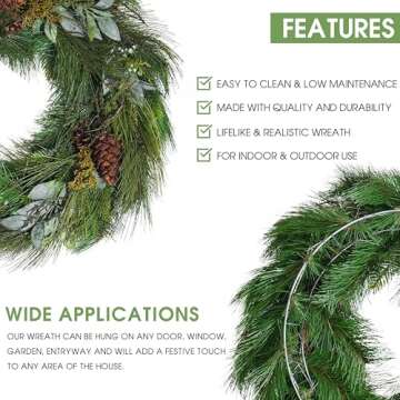 Vita Domi 30" Deluxe Full Sugar Pine and Greens Wreath with Pinecones