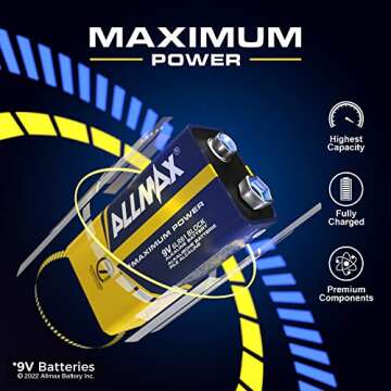 Allmax 9V Maximum Power Alkaline Batteries – Ultra Long-Lasting 9 Volt Battery, 7-Year Shelf Life, Leak-Proof, Device Compatible – Perfect for Smoke Detectors and Fire Alarms