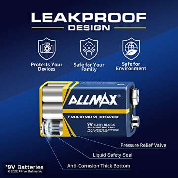 Allmax 9V Maximum Power Alkaline Batteries – Ultra Long-Lasting 9 Volt Battery, 7-Year Shelf Life, Leak-Proof, Device Compatible – Perfect for Smoke Detectors and Fire Alarms