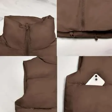 Songling Women's Winter Crop Vest Sleeveless Zip Up Stand Collar Lightweight Puffer Padded Vest(Brown,M)