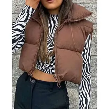 Songling Women's Winter Crop Vest Sleeveless Zip Up Stand Collar Lightweight Puffer Padded Vest(Brown,M)