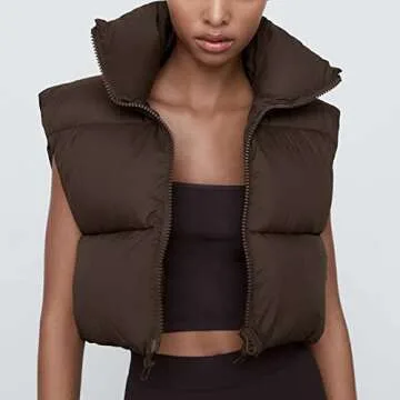 Songling Women's Winter Crop Vest Sleeveless Zip Up Stand Collar Lightweight Puffer Padded Vest(Brown,M)