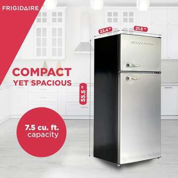 Frigidaire, 2 Door Apartment Size Refrigerator/Freezer Combo, 7.5 cu ft, Platinum Series, Stainless, 23" D x 21.5" W x 55.5" H