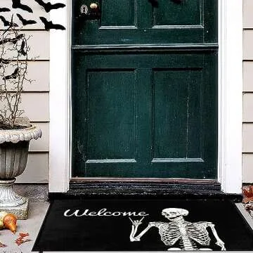 PAAORO Skull Doormat Funny Halloween Skull Welcome Door Mat,Living Room Kitchen Floor Mat Home Halloween Indoor Outdoor Decoration 17 x29 Inch