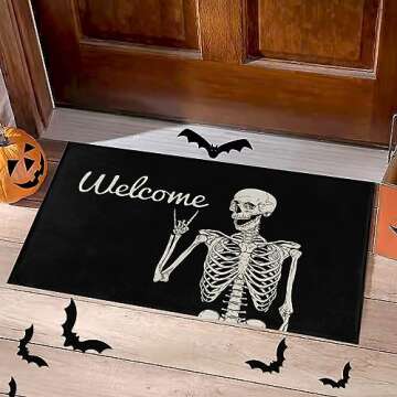 PAAORO Skull Doormat Funny Halloween Skull Welcome Door Mat,Living Room Kitchen Floor Mat Home Halloween Indoor Outdoor Decoration 17 x29 Inch