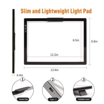 YINGWOND Rechargeable A4 LED Light Pad with Padded Case, Tracing Light Box w/Riser Stands and Paper Clip, 6 Levels of Brightness, Type-c Cable, Wireless Diamond Painting Light Board