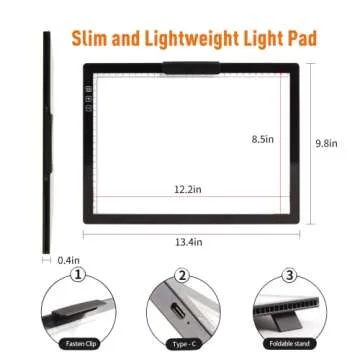YINGWOND Rechargeable A4 LED Light Pad with Padded Case, Tracing Light Box w/Riser Stands and Paper Clip, 6 Levels of Brightness, Type-c Cable, Wireless Diamond Painting Light Board