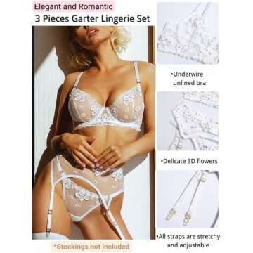 Kaei&Shi Bridal Lingerie Wedding Night,Floral Applique Sheer Lace Garter Lingerie Set,Boudoir Outfit...
