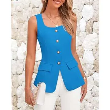 BTFBM Womens Sleeveless Suit Vests Dressy Casual Square Neck Business Work Waistcoat Summer Button Up Blazer Vest Tops(Blue, Large)
