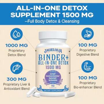 All-In-One Detox Binder Supplement 1500 MG - High Bioavailability, Liver Gut Detox Cleanse with Activated Charcoal, Zeolite & Bentonite Clay for Toxins, Liver, Digestive, 180 Vegan Capsules