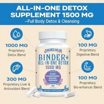 All-In-One Detox Binder Supplement 1500 MG - High Bioavailability, Liver Gut Detox Cleanse with Activated Charcoal, Zeolite & Bentonite Clay for Toxins, Liver, Digestive, 180 Vegan Capsules