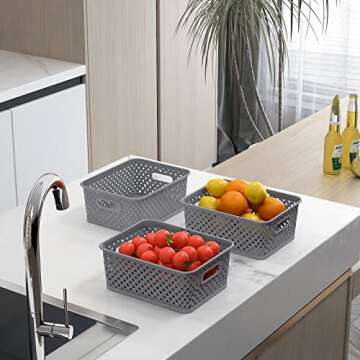 MaxGear Organization and Storage 3 Packs, Plastic Storage Bins Organizer Bins, Woven Baskets for Storage, Plastic Baskets with Handles Storage Baskets for Organizing, Basket Organizer for Home, Large