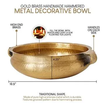 Serene Spaces Living Gold Handi Bowl - Hammered Texture, Decor for Living Rooms, Entryways, Restaurants, Indian Wedding, Table Centerpiece - Select from Aluminum or Brass, Brass,4.25" Tall & 12.5" Dia