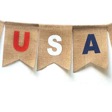 USA Banner Decor for Any US Patriotic Holiday or Theme. Burlap Material.