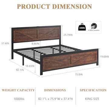 DOGIBIXO Led Bed Frame King Size with Charging Station, Industrial Platform Bed Frame with Rustic Ba...