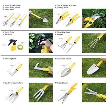 MOSFiATA Garden Tool Set 14 Pcs Stainless Steel Garden Tool Kit with Carrying Case, Heavy Duty Gardening Work Set, Include Pruner, Mini Rake, Big and Small Shovel, Sprayer, Weeder, Scissor etc.