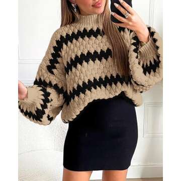 KIRUNDO Womens Fall Sweaters 2024 Oversized Lantern Sleeve Striped Color Block Mock Neck Chunky Cable Knit Cropped Sweater(Black, Medium)