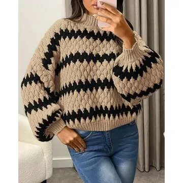 KIRUNDO Womens Fall Sweaters 2024 Oversized Lantern Sleeve Striped Color Block Mock Neck Chunky Cable Knit Cropped Sweater(Black, Medium)