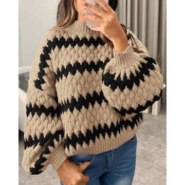 KIRUNDO Womens Fall Sweaters 2024 Oversized Lantern Sleeve Striped Color Block Mock Neck Chunky Cable Knit Cropped Sweater(Black, Medium)