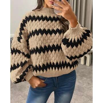 KIRUNDO Womens Fall Sweaters 2024 Oversized Lantern Sleeve Striped Color Block Mock Neck Chunky Cable Knit Cropped Sweater(Black, Medium)