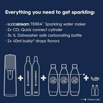 SodaStream - Terra Sparkling Water Maker | VALUE BUNDLE | CQC CO2 system | Includes 2x CO2 Cylinders, 3x 32 Fl Oz Dishwasher Safe Bottles, 2x Bubly Flavor Drops | Combine with Flavors | Misty Blue
