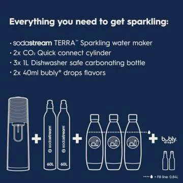 SodaStream - Terra Sparkling Water Maker | VALUE BUNDLE | CQC CO2 system | Includes 2x CO2 Cylinders, 3x 32 Fl Oz Dishwasher Safe Bottles, 2x Bubly Flavor Drops | Combine with Flavors | Misty Blue