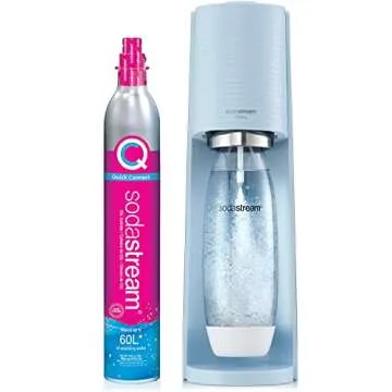SodaStream - Terra Sparkling Water Maker | VALUE BUNDLE | CQC CO2 system | Includes 2x CO2 Cylinders, 3x 32 Fl Oz Dishwasher Safe Bottles, 2x Bubly Flavor Drops | Combine with Flavors | Misty Blue