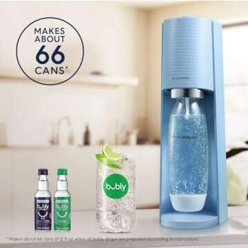 SodaStream - Terra Sparkling Water Maker | VALUE BUNDLE | CQC CO2 system | Includes 2x CO2 Cylinders, 3x 32 Fl Oz Dishwasher Safe Bottles, 2x Bubly Flavor Drops | Combine with Flavors | Misty Blue