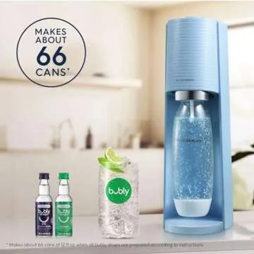 SodaStream - Terra Sparkling Water Maker | VALUE BUNDLE | CQC CO2 system | Includes 2x CO2 Cylinders, 3x 32 Fl Oz Dishwasher Safe Bottles, 2x Bubly Flavor Drops | Combine with Flavors | Misty Blue