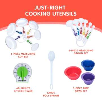 Curious Chef 17-Piece Cookware for Kids, Measure & Prep Kit, Dishwasher Safe Tools, Made with BPA-Free Plastic, Includes Real Utensils - Measuring Cups, Spoons, Bowl Set, Kitchen Timer & More
