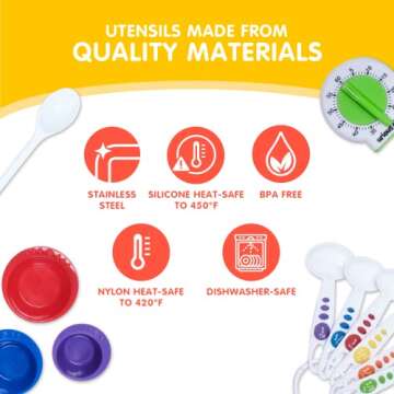 Curious Chef 17-Piece Cookware for Kids, Measure & Prep Kit, Dishwasher Safe Tools, Made with BPA-Free Plastic, Includes Real Utensils - Measuring Cups, Spoons, Bowl Set, Kitchen Timer & More