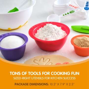 Curious Chef 17-Piece Cookware for Kids, Measure & Prep Kit, Dishwasher Safe Tools, Made with BPA-Free Plastic, Includes Real Utensils - Measuring Cups, Spoons, Bowl Set, Kitchen Timer & More